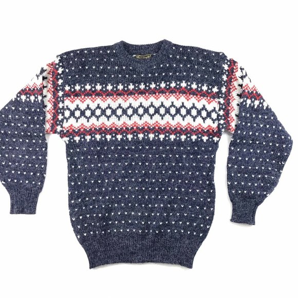 Vintage Mens Sweater L M Fair Isle Blue Red Traditional Print Star Snow Slim 70s - Picture 1 of 10
